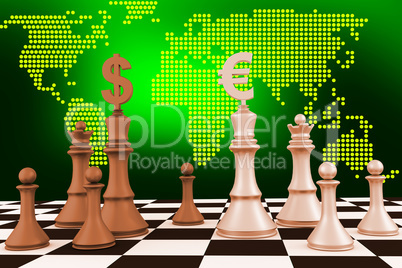 Chess pieces with dollar and euro sign and world map