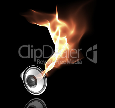 black speaker with fiery sound waves