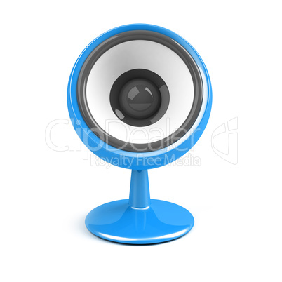 blue speaker on pedestal over white