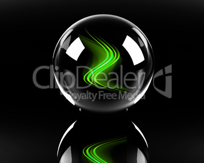 bright green abstract waves in the glass sphere on the black bac