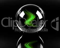 bright green abstract waves in the glass sphere on the black bac