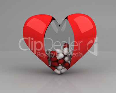 transparent heart with pills inside over grey background