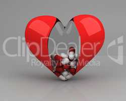 transparent heart with pills inside over grey background