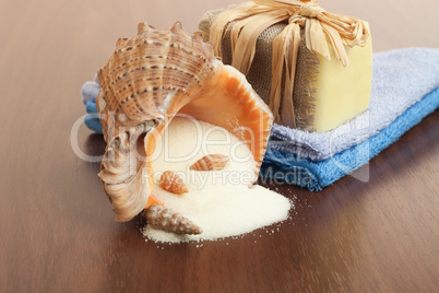 bath accessories background - handmade soap, towels and salt