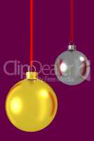 Two Christmas balls hanging on ribbon