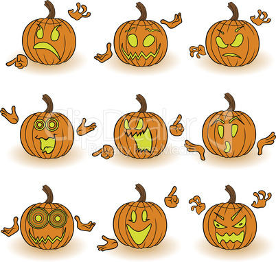 Halloween set of nine gesticulating pumpkins