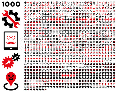 1000 tools, gears, smiles, map markers, mobile icons