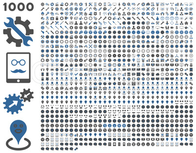 1000 tools, gears, smiles, map markers, mobile icons