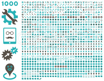 1000 tools, gears, smiles, map markers, mobile icons