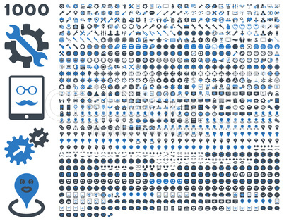 1000 tools, gears, smiles, map markers, mobile icons