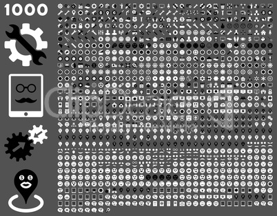 1000 tools, gears, smiles, map markers, mobile icons