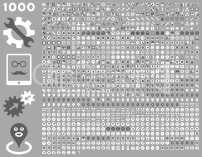 1000 tools, gears, smiles, map markers, mobile icons