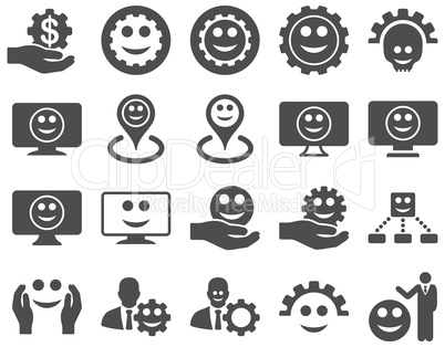 Tools, gears, smiles, map markers icons.