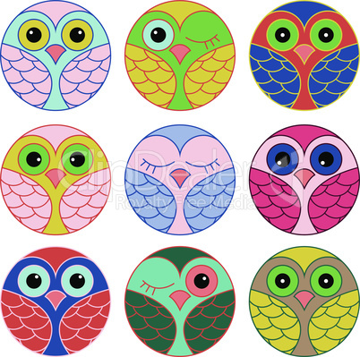 Nine funny owl faces in a circle