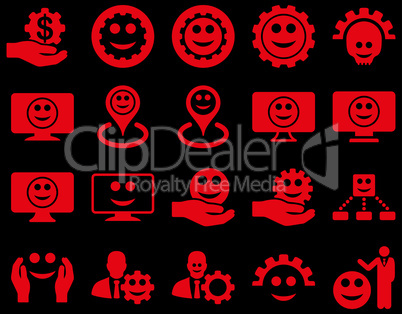 Tools, gears, smiles, map markers icons.