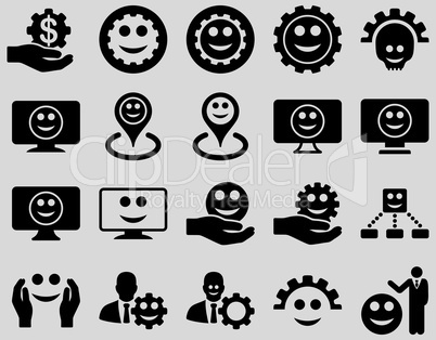 Tools, gears, smiles, map markers icons.