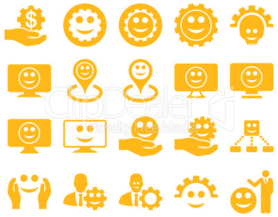 Tools, gears, smiles, map markers icons.