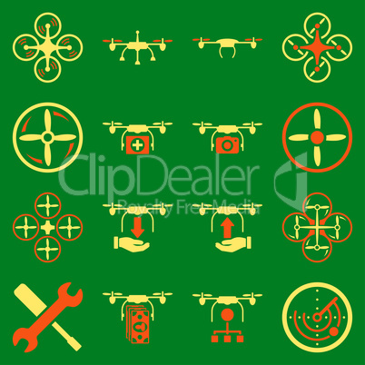 Flying drone flat bicolor icons