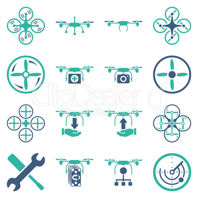 Flying drone flat bicolor icons