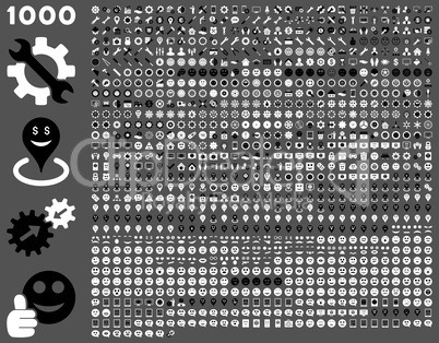 1000 tools, gears, smiles, map markers, mobile icons