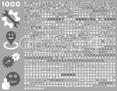 1000 tools, gears, smiles, map markers, mobile icons