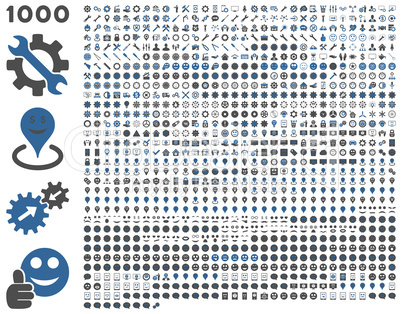 1000 tools, gears, smiles, map markers, mobile icons