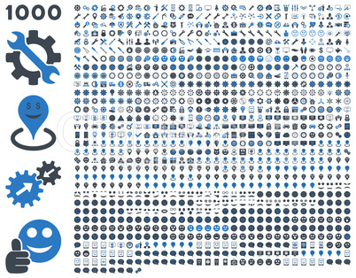 1000 tools, gears, smiles, map markers, mobile icons