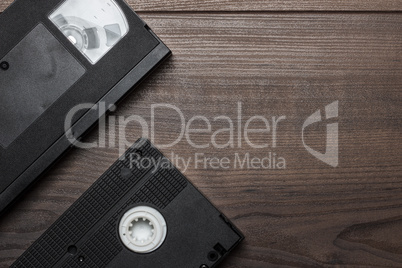 old retro video tape on wooden background