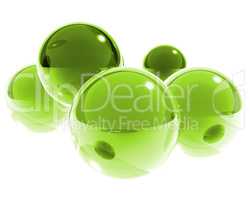 5 bright green glass spheres