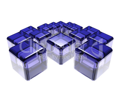 abstract composition of blue glass cubes over white background
