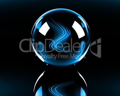 bright blue abstract waves in the glass sphere on the black back