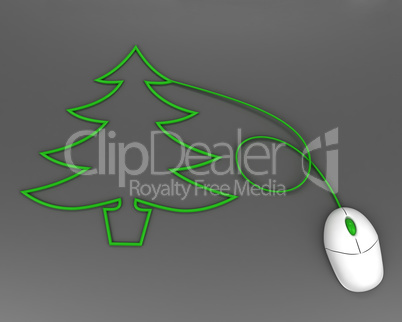 christmas tree depicted with computer mouse cable over grey
