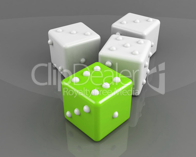 green winning dice on the grey background concept