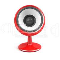 red speaker on pedestal over white