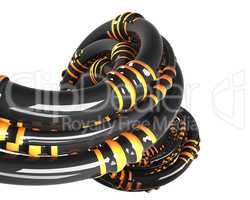 black futuristic cables with yellow stripes isolated over white background