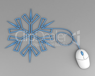 snowflake depicted with computer mouse cable over grey