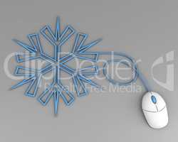 snowflake depicted with computer mouse cable over grey