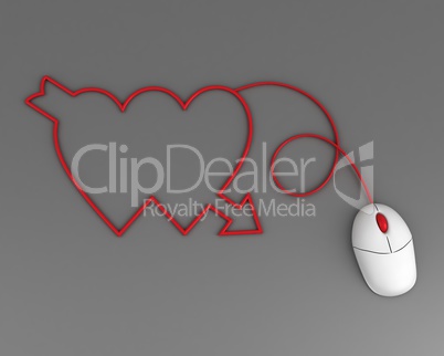 two hearts depicted by computer mouse cable over grey