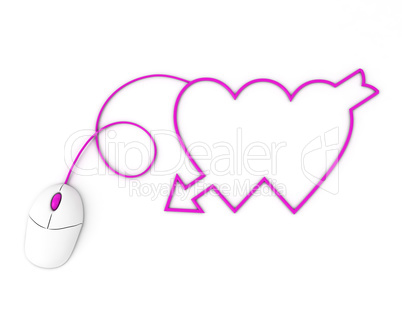 two violet hearts depicted by computer mouse cable