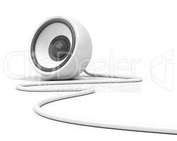 white speaker with cable over white background