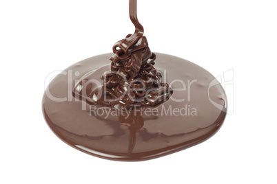 hot liquid chocolate pouring onto white background isolated