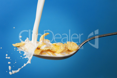 milk splashing into spoon with cornflakes