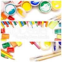 composition of multicolored drawing instruments over white backg