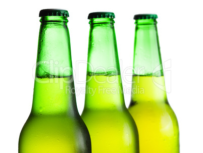 green beer bottles isolated over white