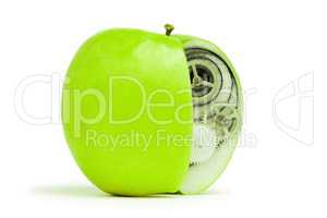 fresh green apple with mechanism inside concept