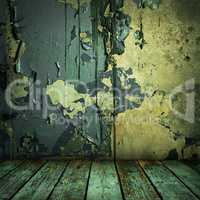 grunge painted wall and wooden floor in a room