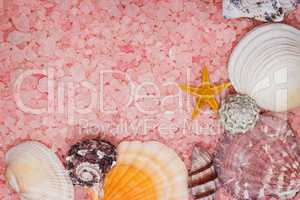 pink bath salt and seashells background
