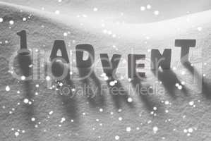 White Word 1 Advent Means Christmas Time On Snow, Snowflakes