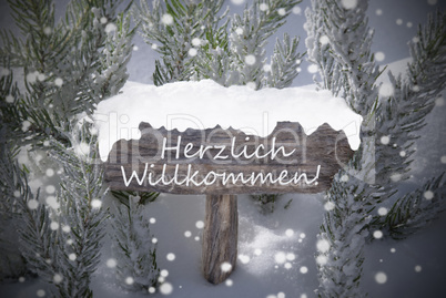 Christmas Sign Snowflakes Fir Tree Willkommen Means Welcome