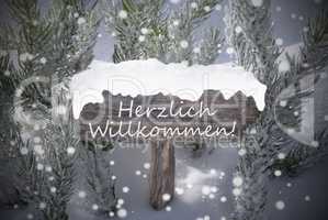 Christmas Sign Snowflakes Fir Tree Willkommen Means Welcome
